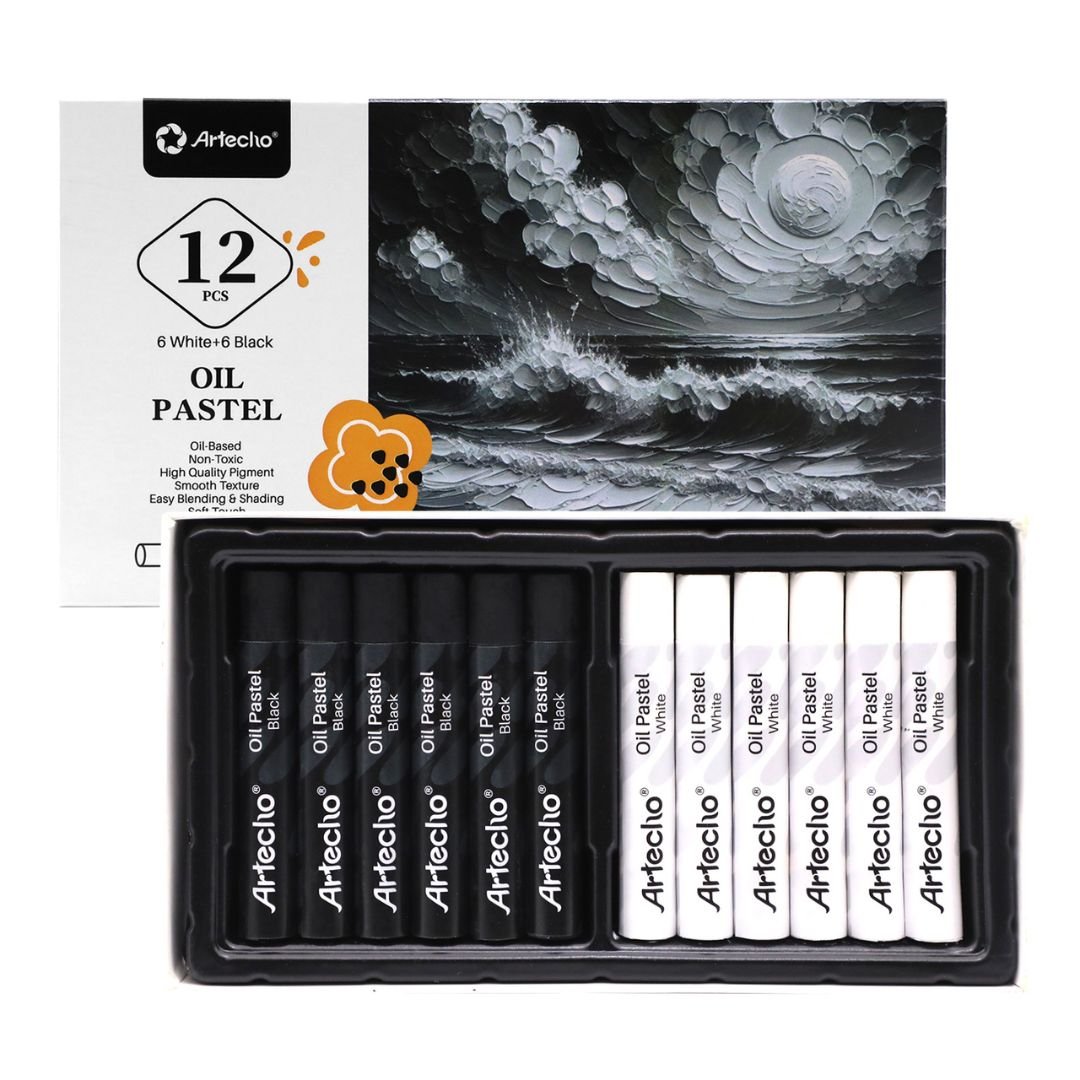 Artecho 12pc Oil Pastel Professional Range - 6 x Black & 6 x White - Lifespace