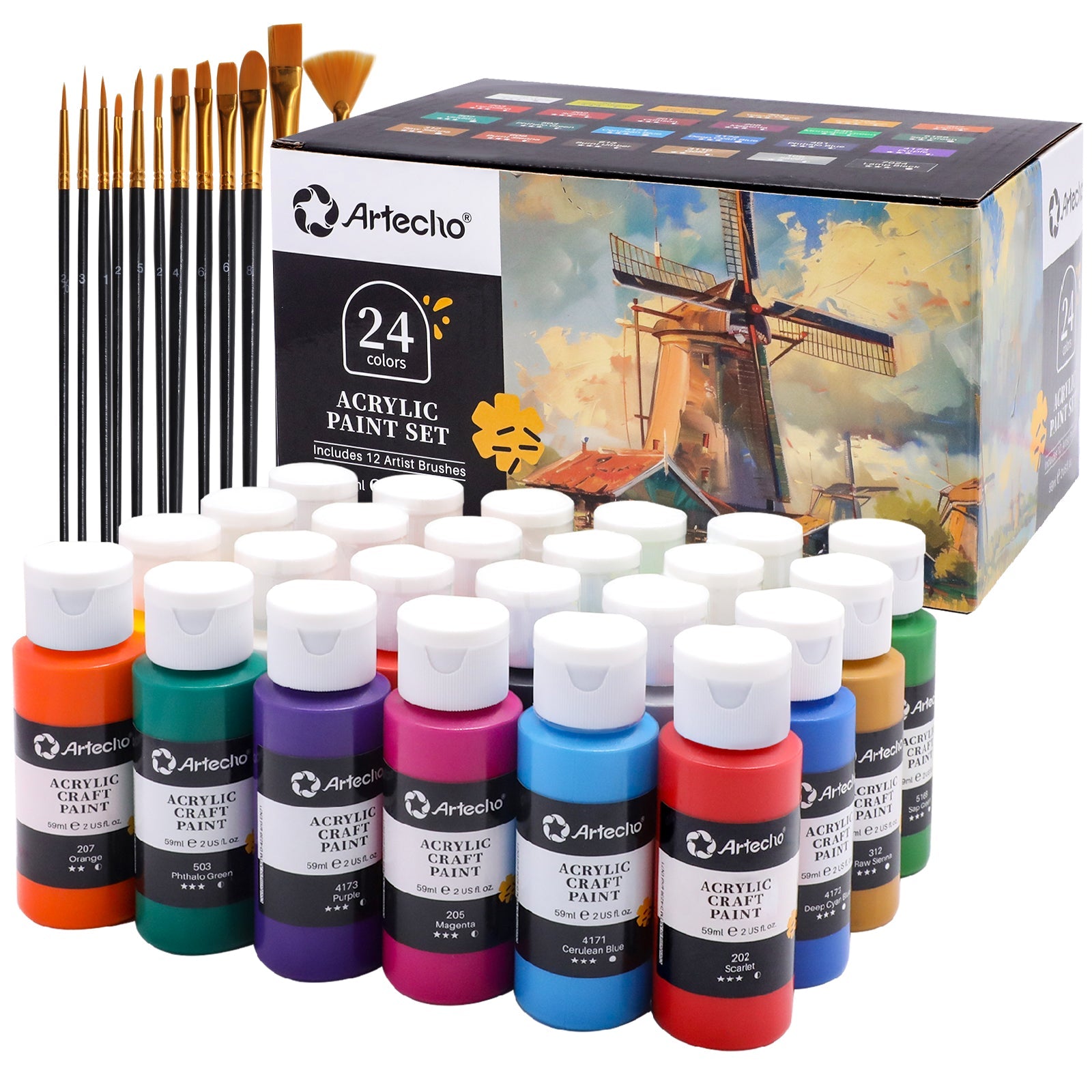 Artecho 24 Colours Acrylic Paint Set & 10pc Paint Brush Set - 59ml Bottles - Lifespace