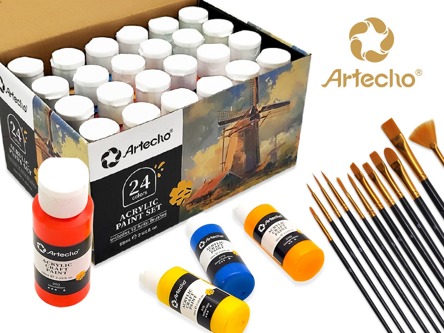 Artecho 24 Colours Acrylic Paint Set & 10pc Paint Brush Set - 59ml Bottles - Lifespace