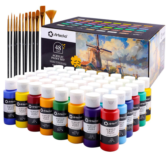 Artecho 48 Colours Acrylic Paint Set & 12pc Paint Brush Set - 59ml Bottles - Lifespace