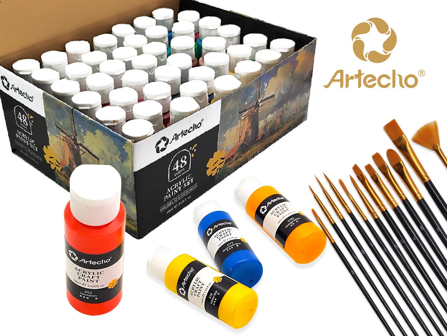 Artecho 48 Colours Acrylic Paint Set & 12pc Paint Brush Set - 59ml Bottles - Lifespace