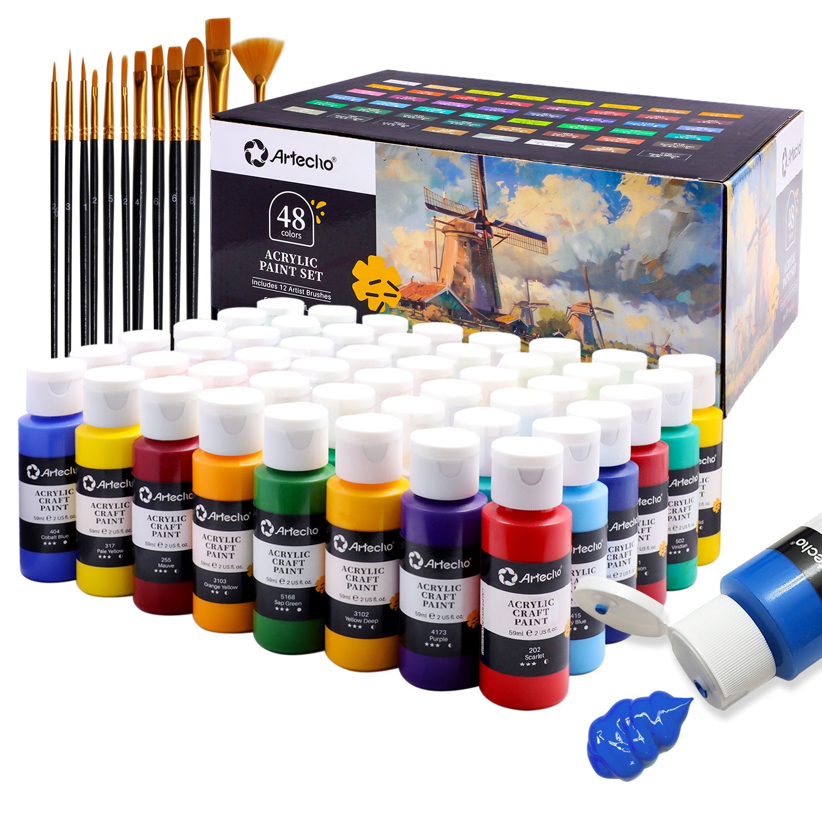 Artecho 48 Colours Acrylic Paint Set & 12pc Paint Brush Set - 59ml Bottles - Lifespace