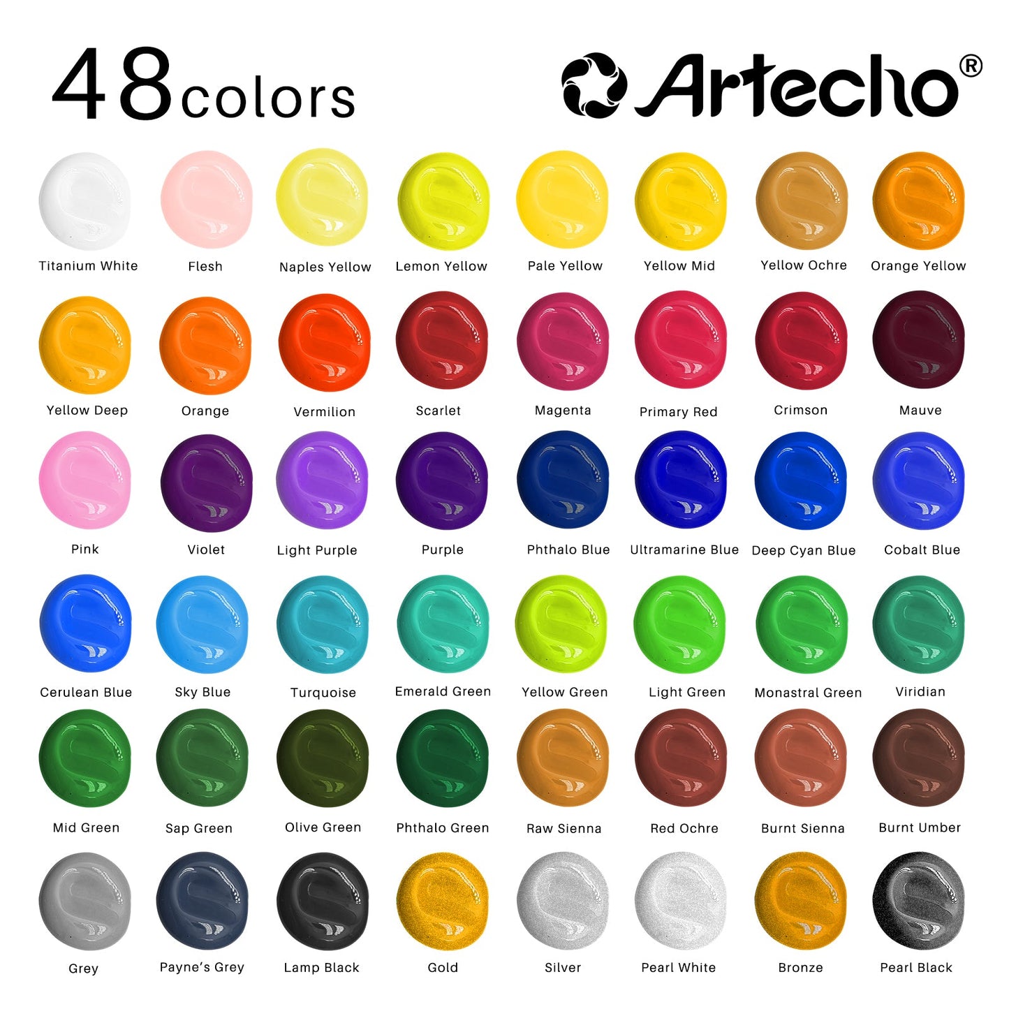 Artecho 48 Colours Acrylic Paint Set & 12pc Paint Brush Set - 59ml Bottles - Lifespace