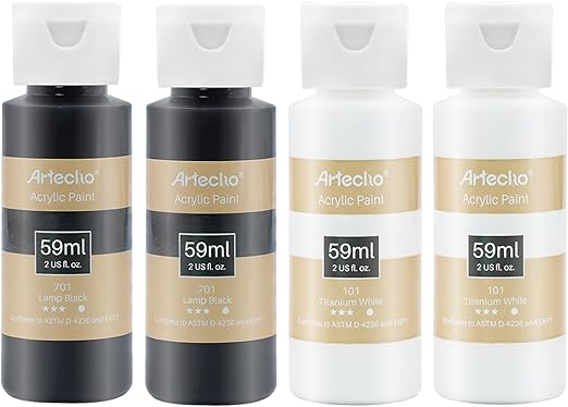 Artecho Acrylic Art Paint Set - 4 Bottles of Titanium White & Lamp Black Paint, 59ml Bottles - Lifespace