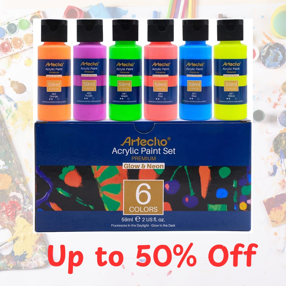 Artecho Glow in the Dark Paint - Set of 6 Colours, 60ml Acrylic Paints - Lifespace