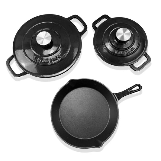 Lifespace 5 - pc Black Enamel Cast Iron Pot & Skillet Set - Lifespace