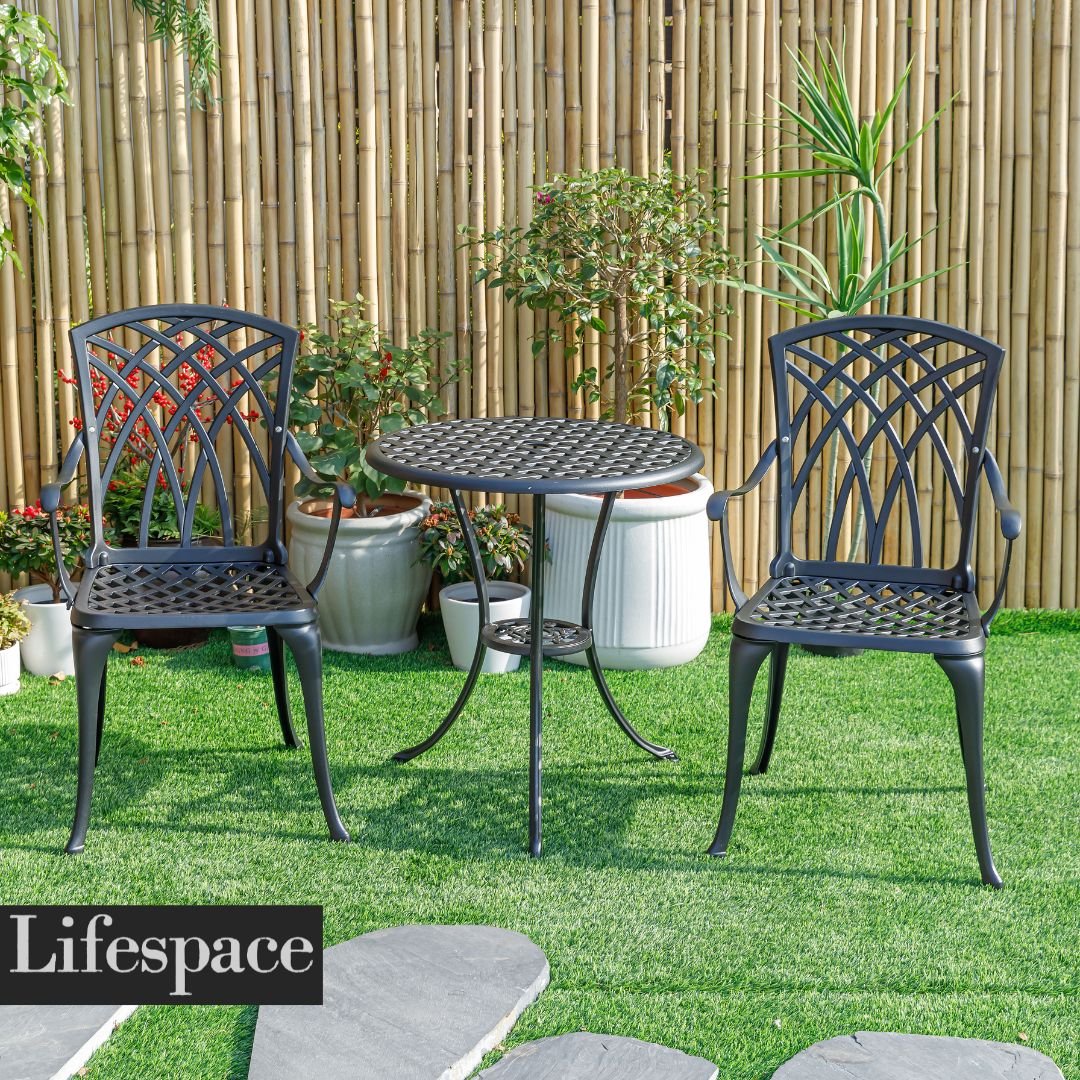 Lifespace Cast Aluminium 3pc Bistro Patio Garden Set with Armrest Chairs - Lifespace