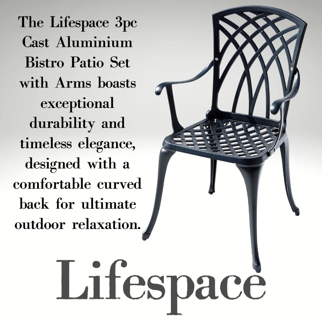 Lifespace Cast Aluminium 3pc Bistro Patio Garden Set with Armrest Chairs - Lifespace