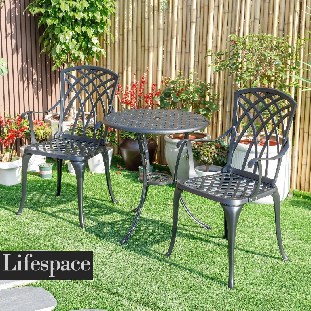 Lifespace Cast Aluminium 3pc Bistro Patio Garden Set with Armrest Chairs - Lifespace