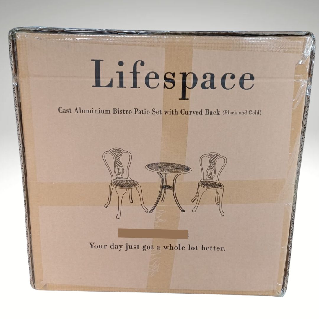 Lifespace Cast Aluminium 3pc Bistro Patio Garden Set with Curved Back (Black & Gold) - Lifespace