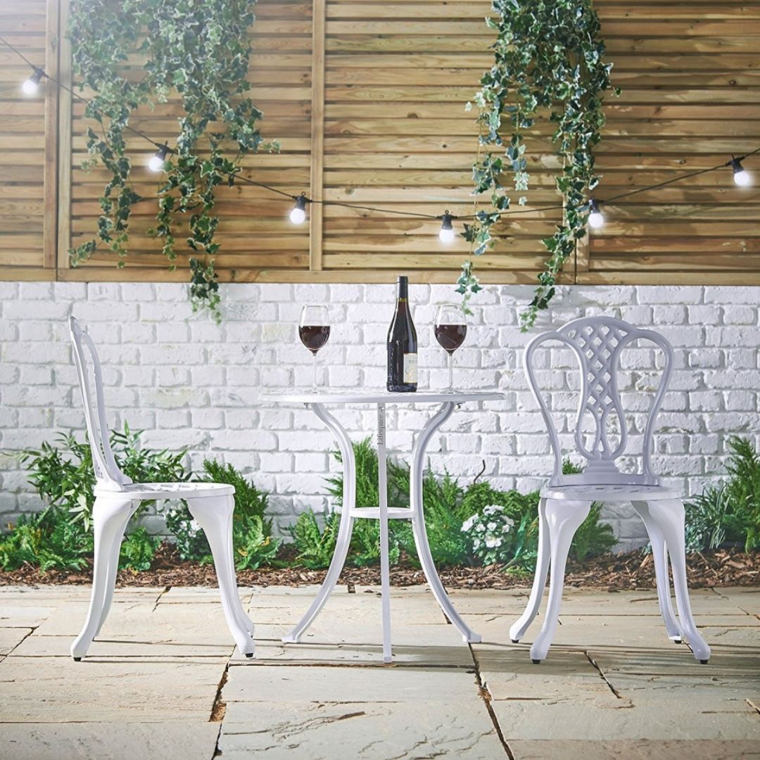 Lifespace Cast Aluminium 3pc Bistro Patio Garden Set with Curved Back (White) - Lifespace