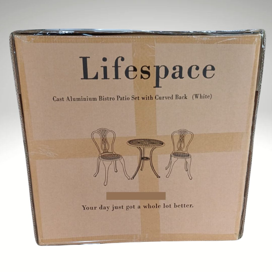 Lifespace Cast Aluminium 3pc Bistro Patio Garden Set with Curved Back (White) - Lifespace