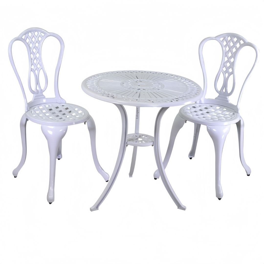 Lifespace Cast Aluminium 3pc Bistro Patio Garden Set with Curved Back (White) - Lifespace