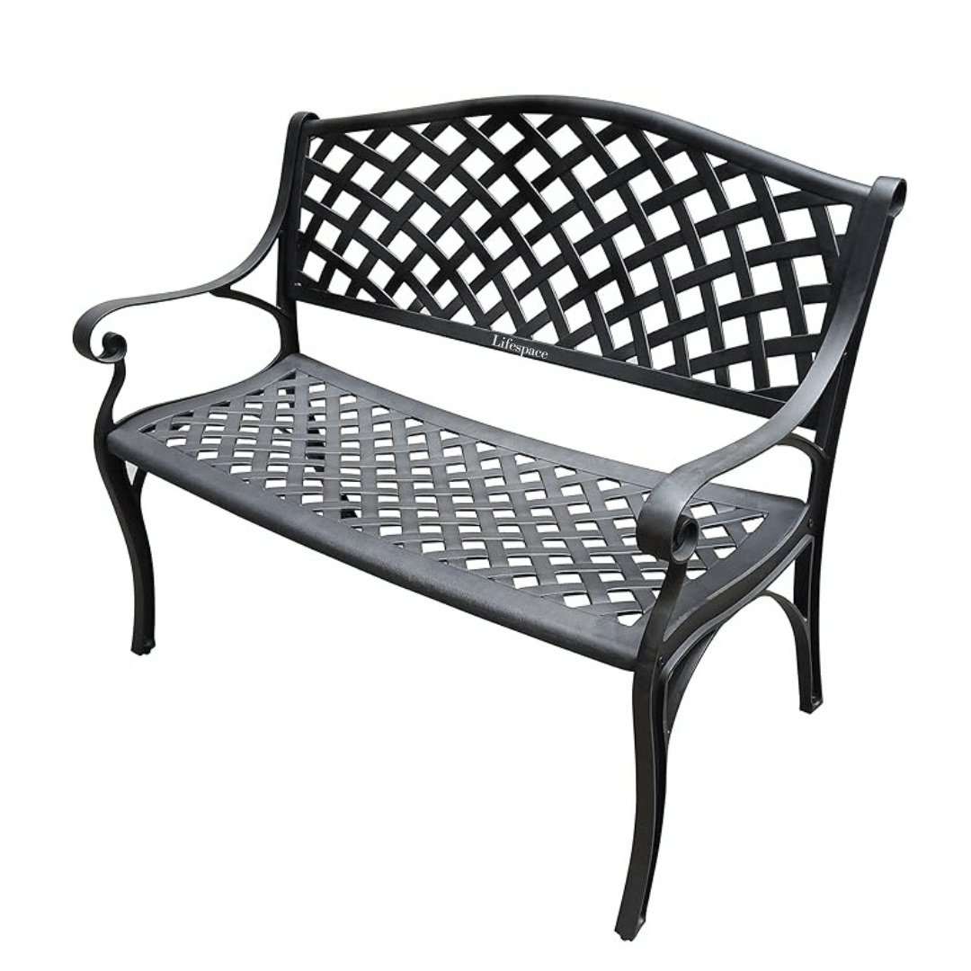 Lifespace Cast Aluminium Patio Garden Bench with Armrests (Black) - Lifespace