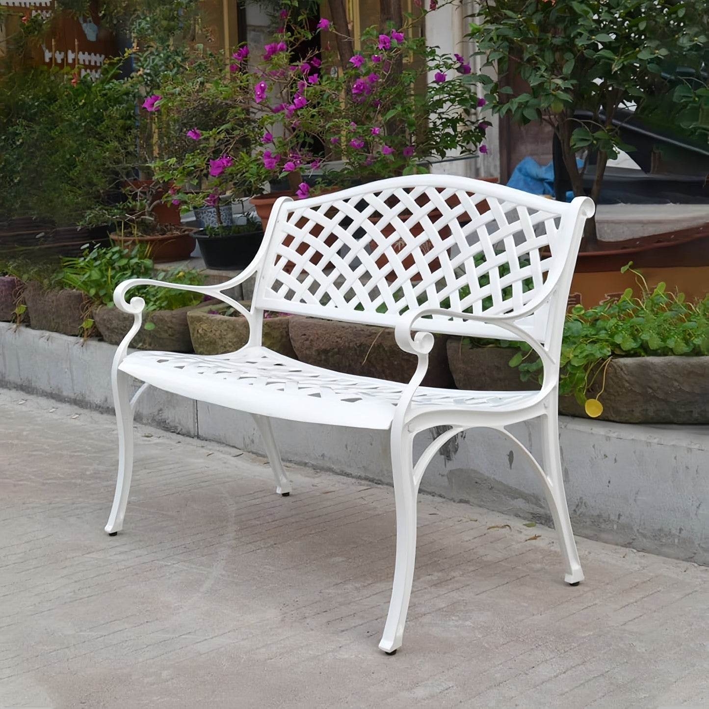 Lifespace Cast Aluminium Patio Garden Bench with Armrests (White) - Lifespace