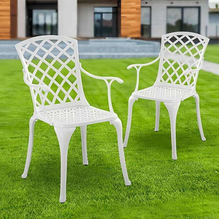 Lifespace Cast Aluminium Patio Garden Restaurant Chair Set with Armrests (White) - Lifespace