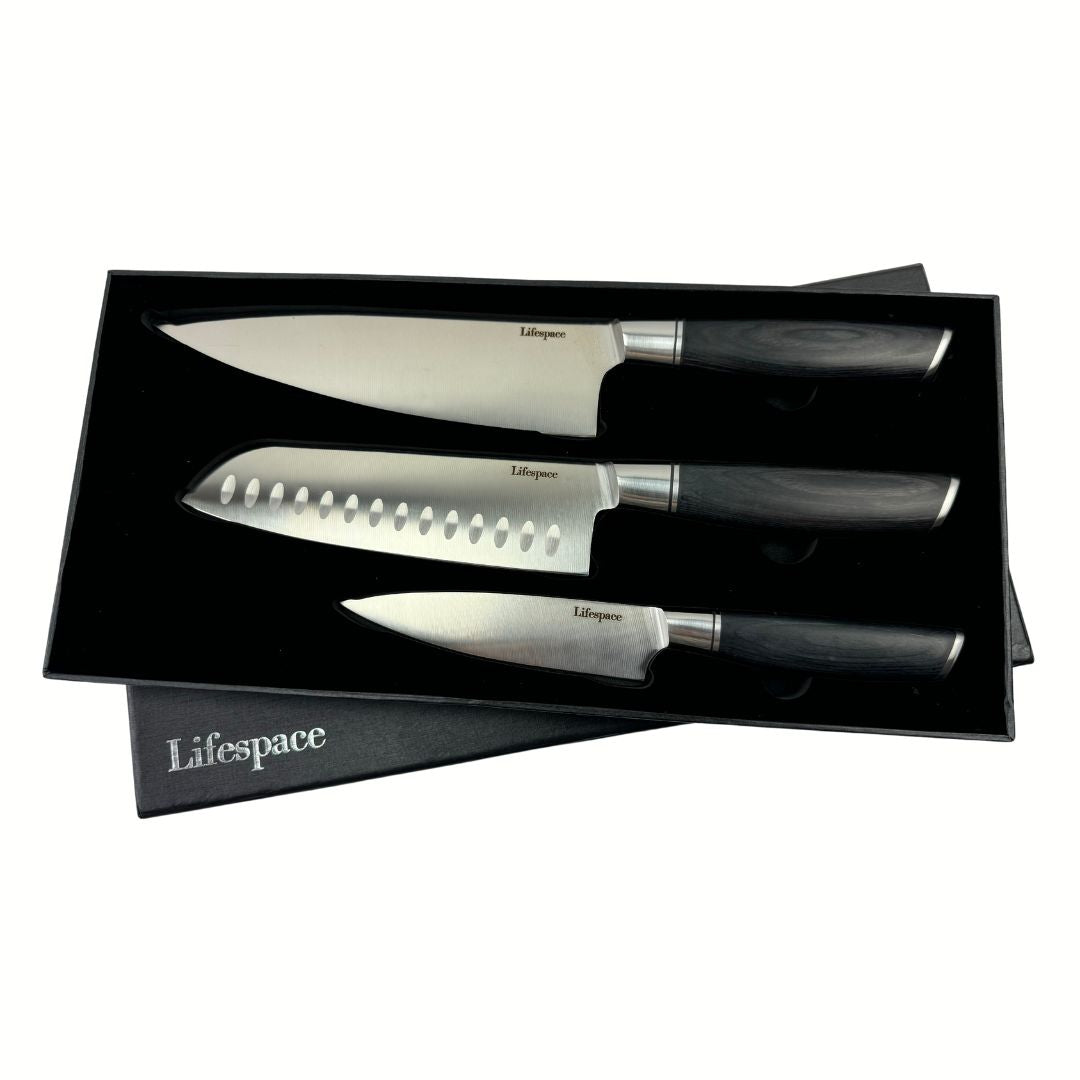 Lifespace Classic Japanese Chef Knife Set in a Gift Box - Petty, Santoku & Chef - Lifespace