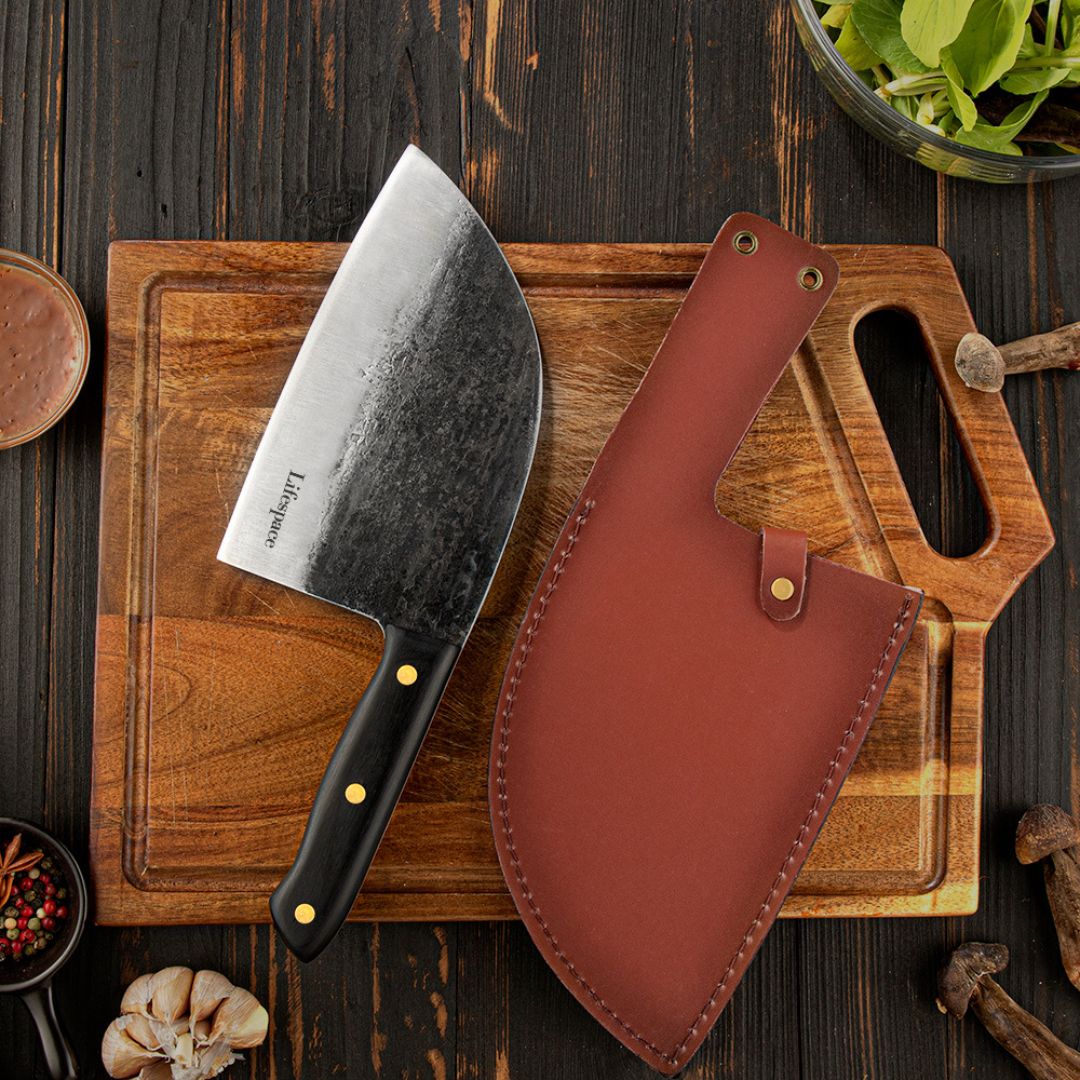 Lifespace Hammer Forged Full Tang Butcher Cleaver with Leather Sheath - Lifespace