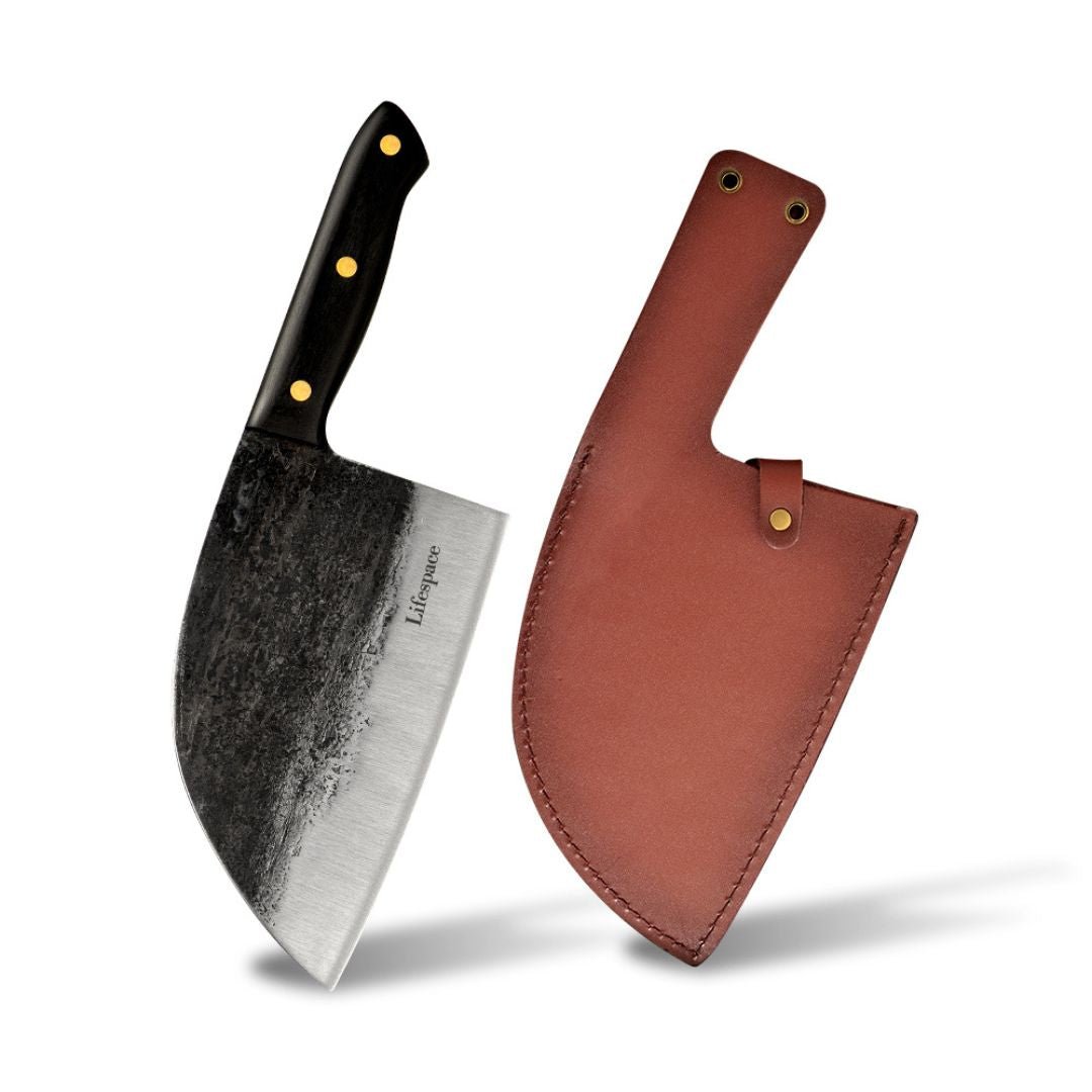 Lifespace Hammer Forged Full Tang Butcher Cleaver with Leather Sheath - Lifespace