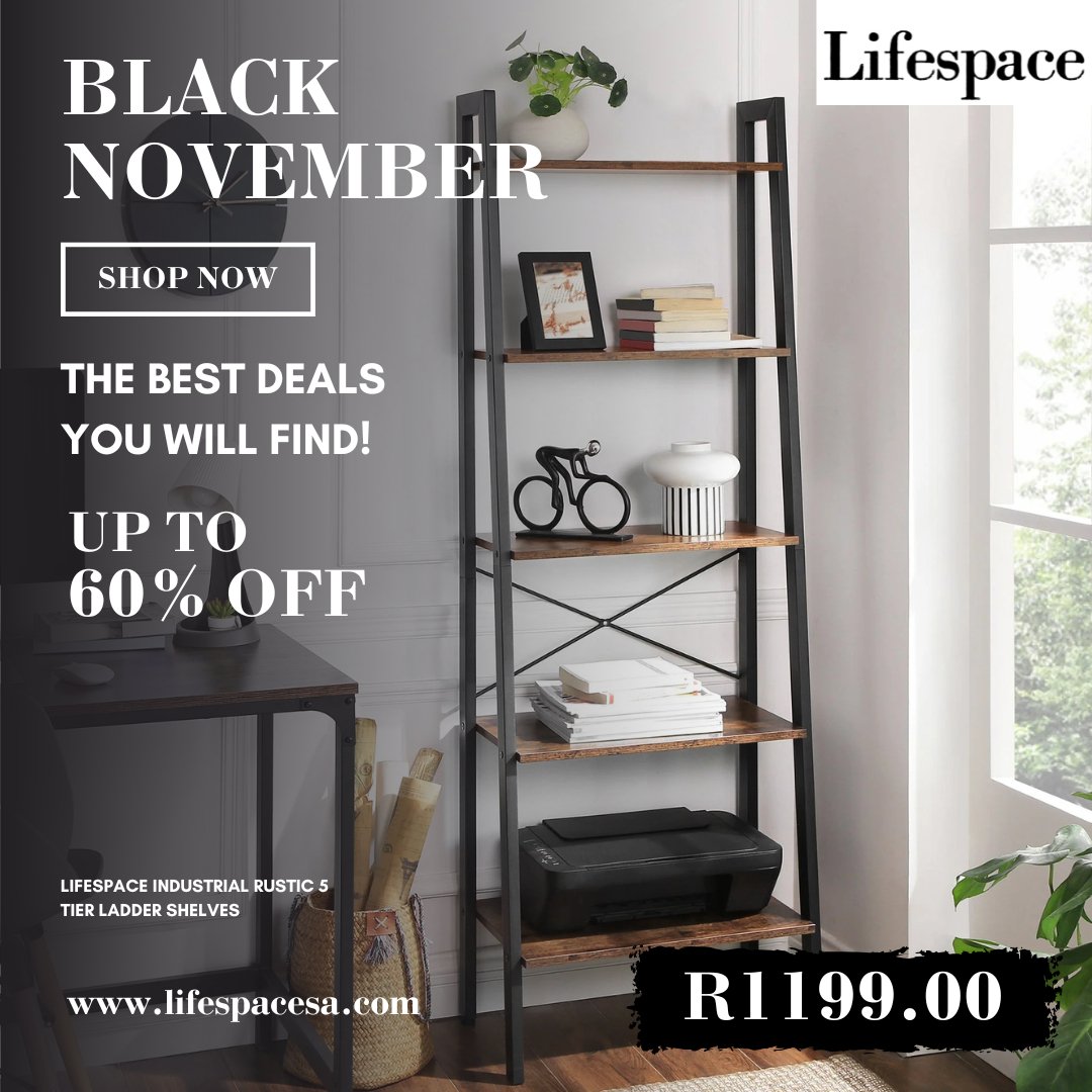 Lifespace Industrial Rustic 5 tier Ladder Shelves - Lifespace