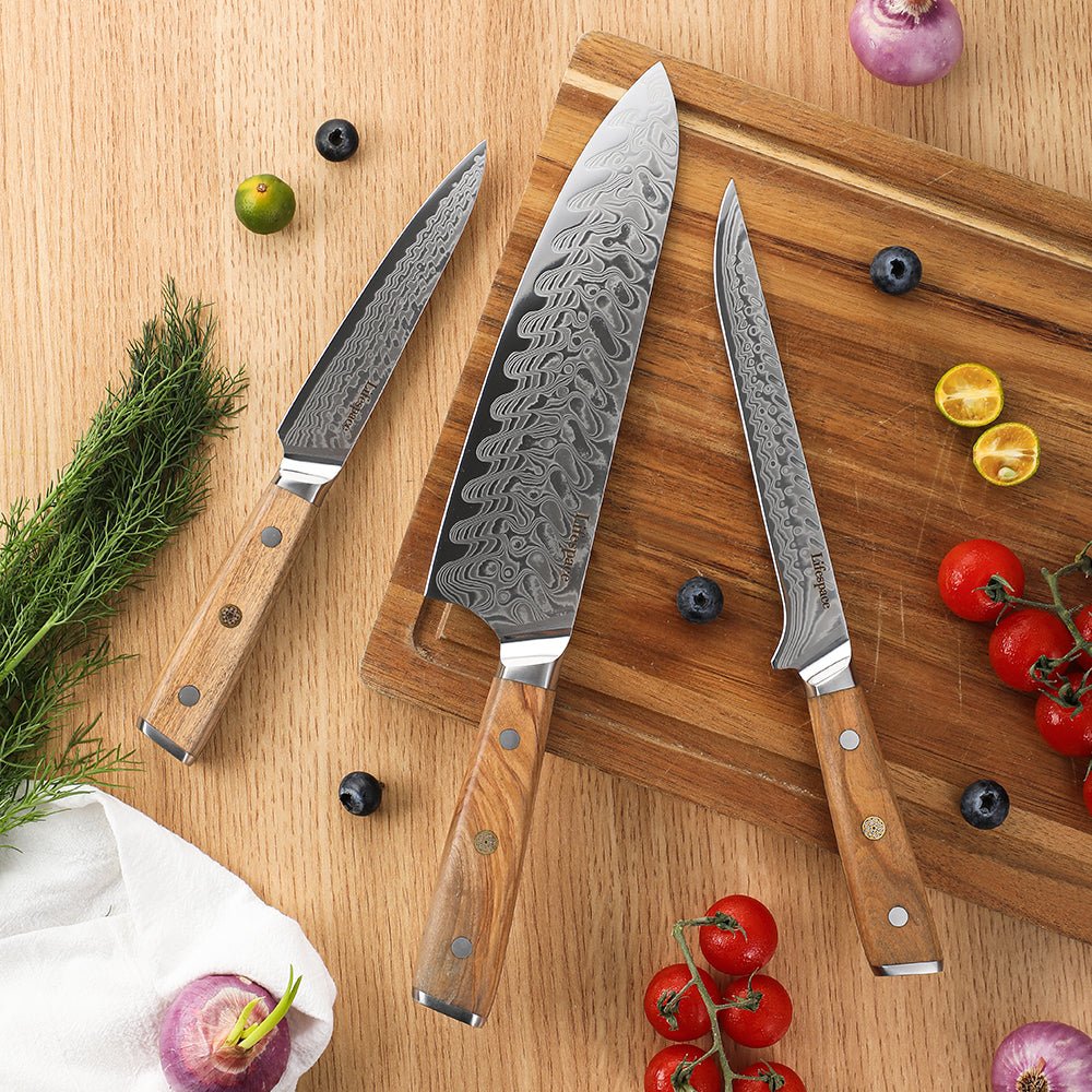 Lifespace Luxury 3pce Olive Wood Handle Full Tang Damascus Blade Chef Knife Set in a Gift Box - Lifespace