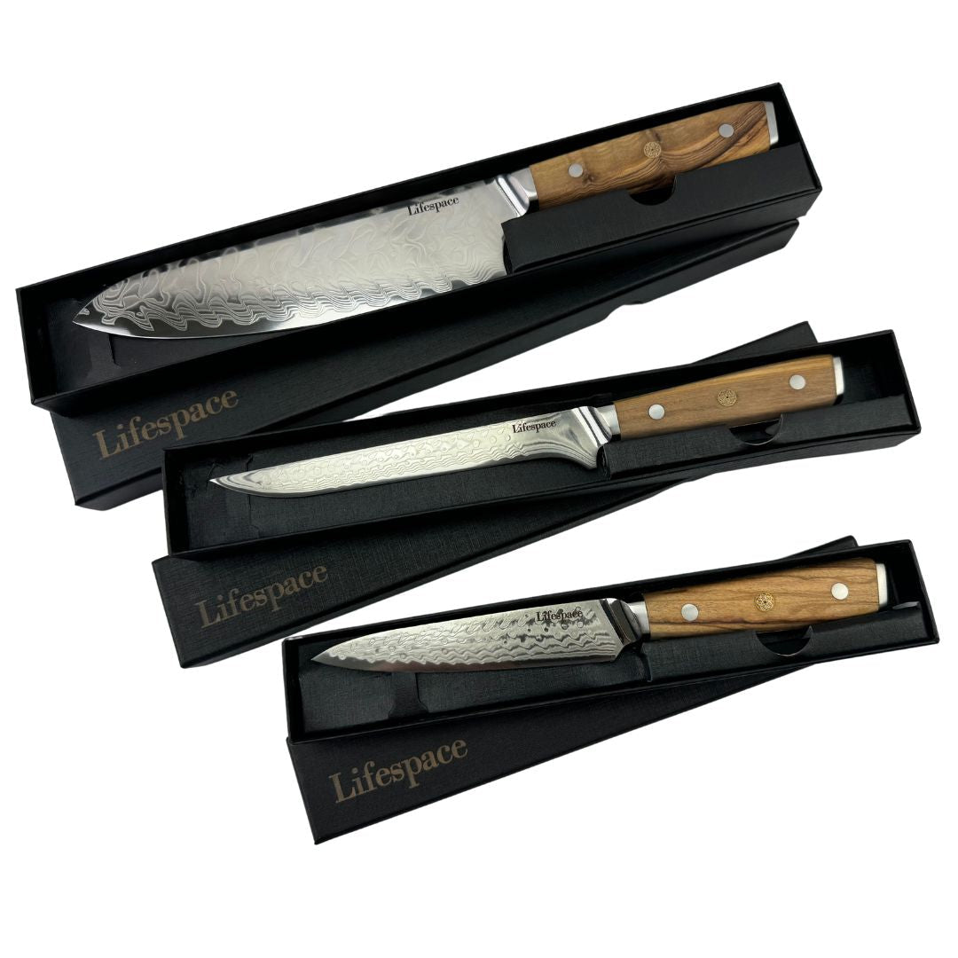 Lifespace Luxury 3pce Olive Wood Handle Full Tang Damascus Blade Chef Knife Set in a Gift Box - Lifespace