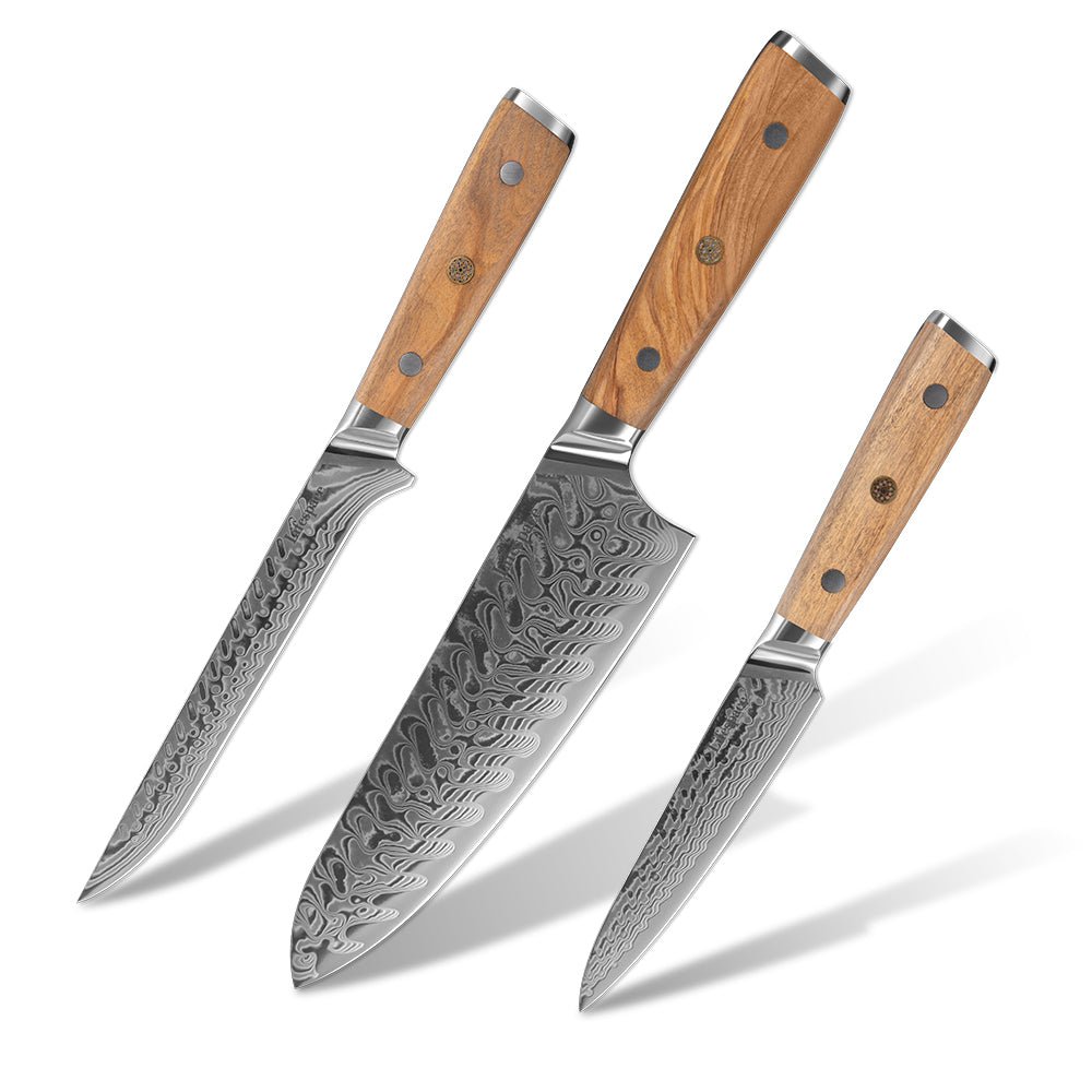 Lifespace Luxury 3pce Olive Wood Handle Full Tang Damascus Blade Chef Knife Set in a Gift Box - Lifespace