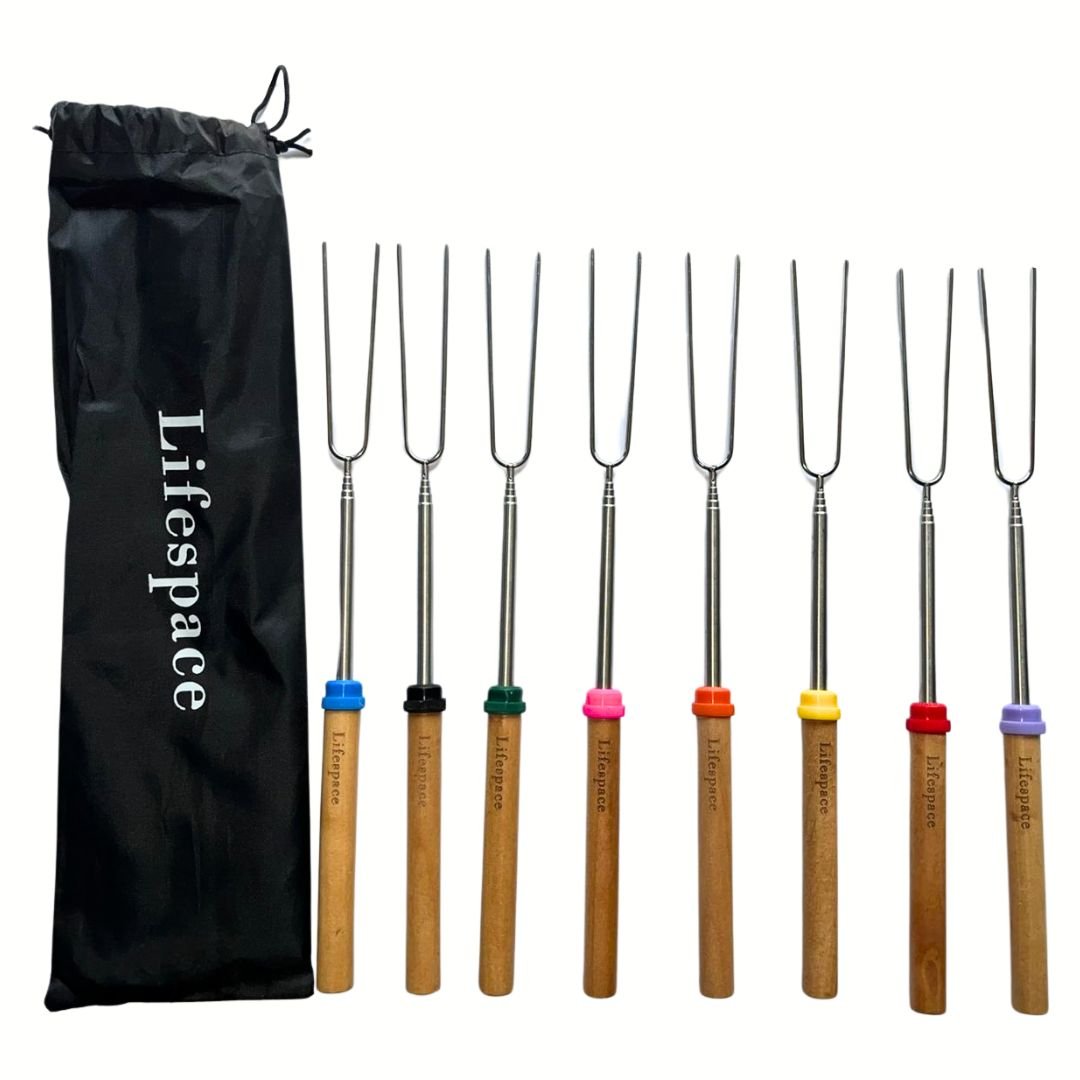 Lifespace Marshmallow Telescopic Roasting Forks (8Pce) with Wooden Handle - Lifespace