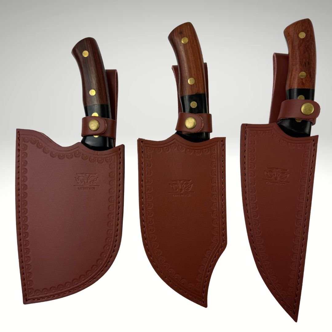 Lifespace Premium Chef Cleaver Knife Set (x3) with Genuine Leather Sheaths in a Gift Box - Lifespace