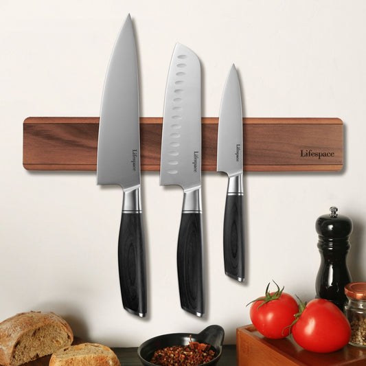 Lifespace Premium Walnut Wall Mount Magnetic Knife Rack with Strong Magnets - Lifespace