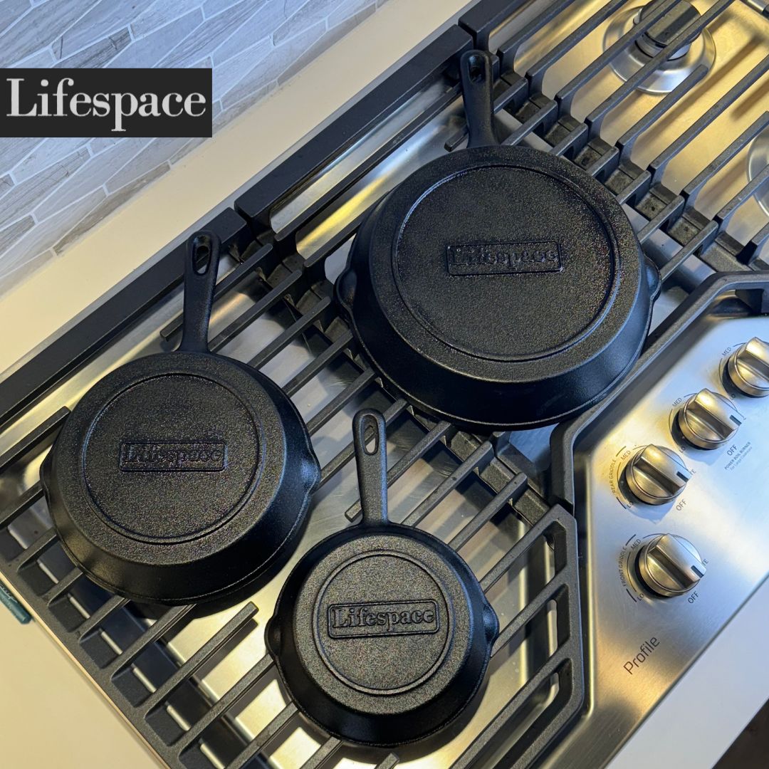 Lifespace Quality 3 Piece Matt Black Cast Iron Skillet Pan Set - Lifespace