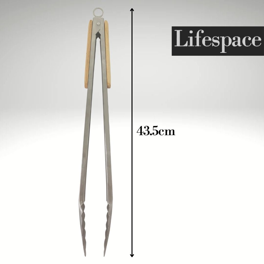 Lifespace Quality Stainless Steel Braai & Salad Tongs with Wood Handle - 40cm - Lifespace