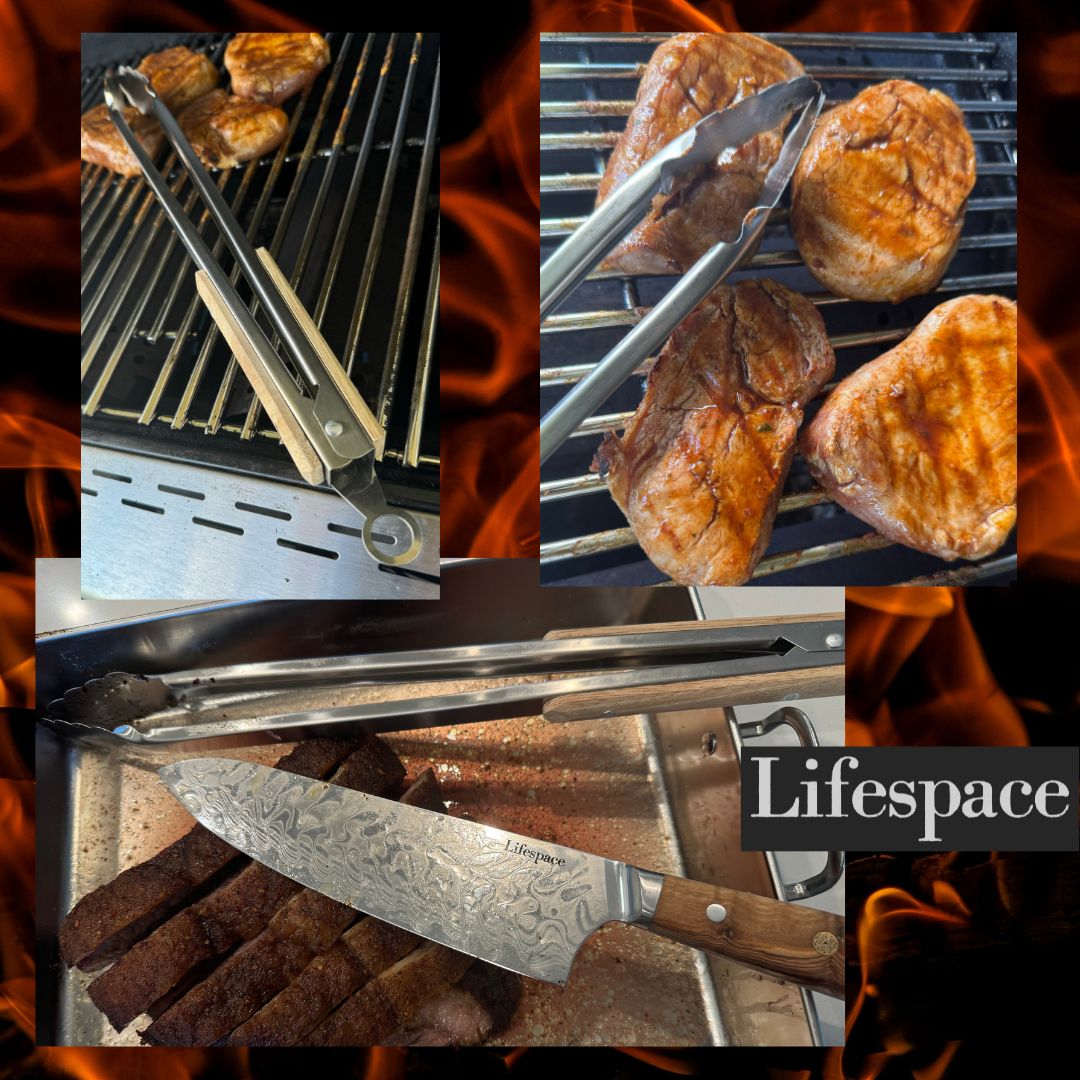 Lifespace Quality Stainless Steel Braai & Salad Tongs with Wood Handle - 40cm - Lifespace