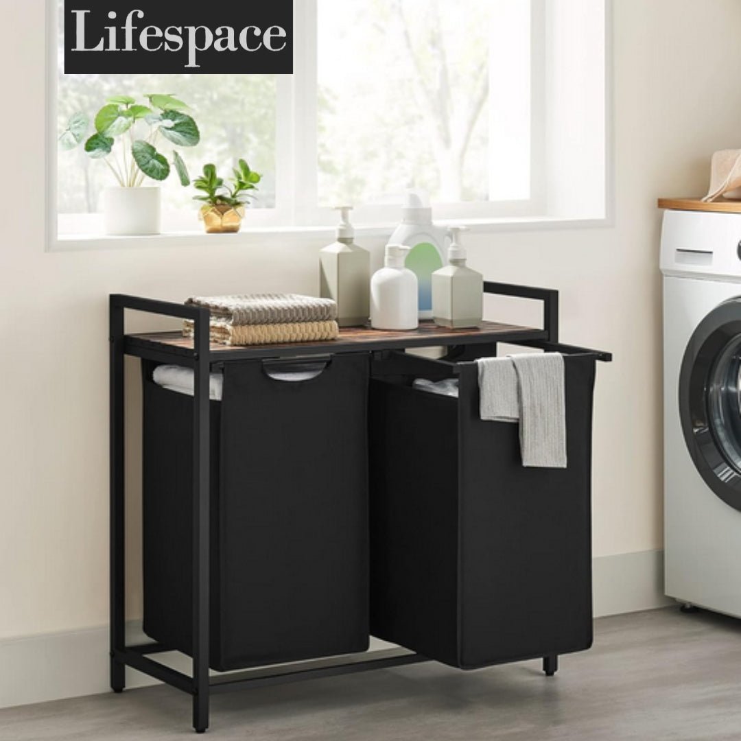 Lifespace Rustic Industrial Double Laundry Basket Hamper with Sorting Shelf - Lifespace