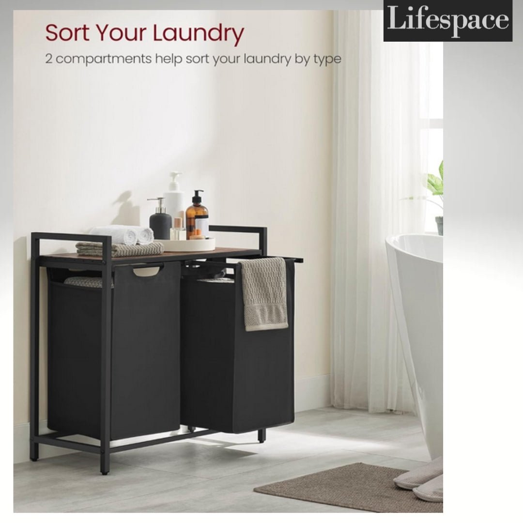 Lifespace Rustic Industrial Double Laundry Basket Hamper with Sorting Shelf - Lifespace